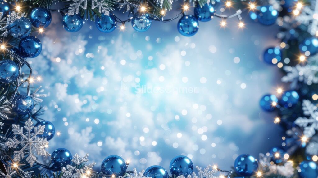 Christmas Background with Snow and Silver and Blue Snowflakes and Lights