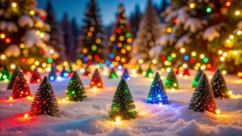 Christmas Background with Trees, Colorful Lights and Snow by SlidesCorner.com