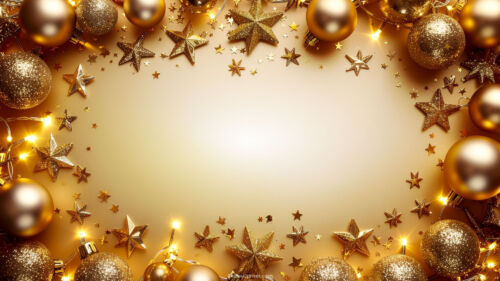 Christmas Background with a Frame of Lights and Golden Ornaments
