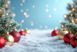 Cold Winter Background with Snow, Lights and Christmas Decorations