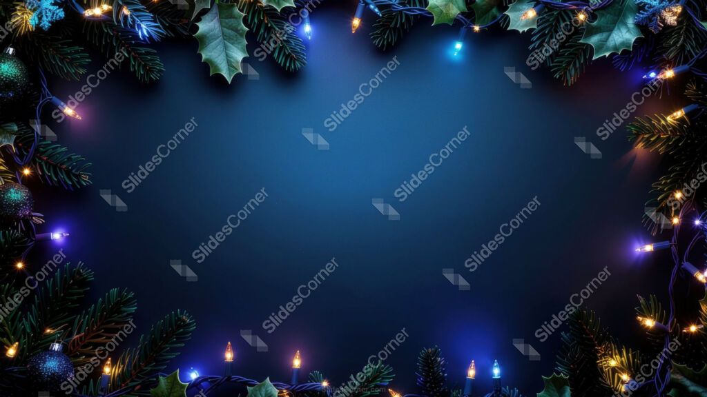 Dark Blue Christmas Background with Lights, Mistletoe and Christmas Tree Branches Dark Blue Christmas Background with Lights, Mistletoe and Christmas Tree Branches