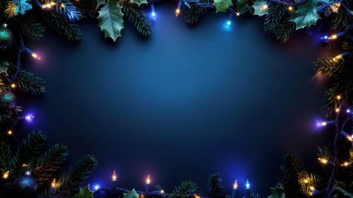 Dark Blue Christmas Background with Lights, Mistletoe and Christmas Tree Branches by SlidesCorner.com