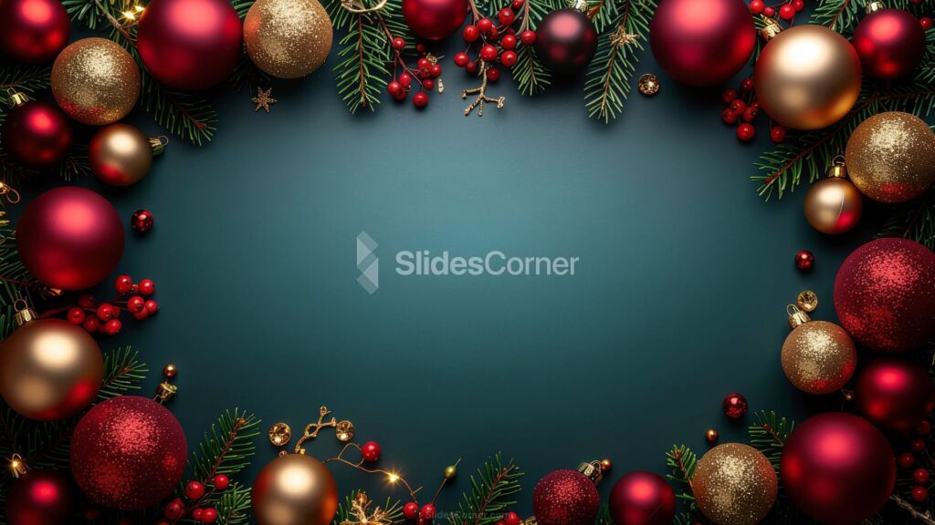 Dark Green Christmas Background with a Frame of Baubles, Lights, and Branches