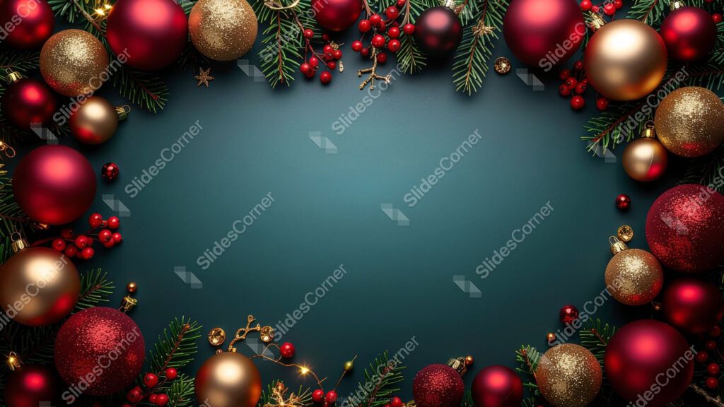 Dark Green Christmas Background with a Frame of Baubles, Lights, and Branches Dark Green Christmas Background with a Frame of Baubles, Lights, and Branches