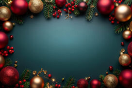 Dark Green Christmas Background with a Frame of Baubles, Lights, and Branches