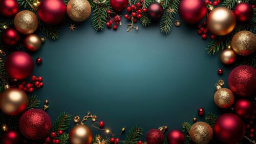Dark Green Christmas Background with a Frame of Baubles, Lights, and Branches by SlidesCorner.com