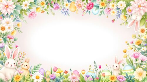 Easter Background for PowerPoint with Colorful flowers and Easter Bunnies by SlidesCorner.com