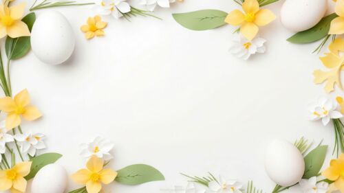 Easter Background with Eggs and Yellow Flowers by SlidesCorner.com