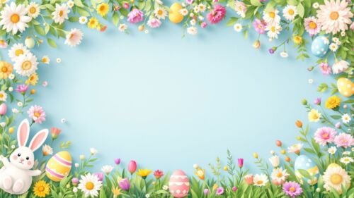 Easter PPT Background with Colorful Flower Frame and Bunnies by SlidesCorner.com