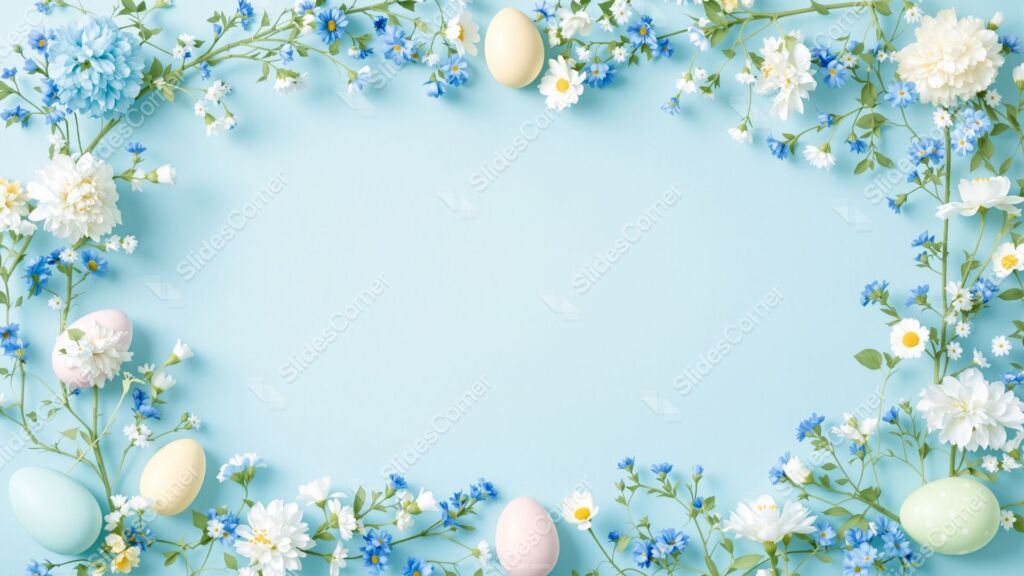 Easter PPT Background with Light Blue Flower Frame and Easter Eggs Easter PPT Background with Light Blue Flower Frame and Easter Eggs