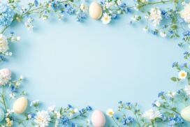 Easter PPT Background with Light Blue Flower Frame and Easter Eggs