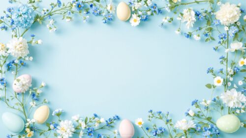 Easter PPT Background with Light Blue Flower Frame and Easter Eggs by SlidesCorner.com