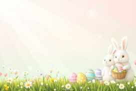 Easter PowerPoint Background with Bunnies carrying a Basket of Eggs
