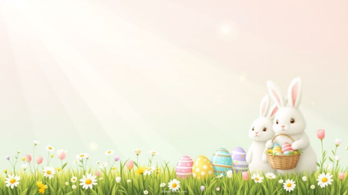 Easter PowerPoint Background with Bunnies carrying a Basket of Eggs