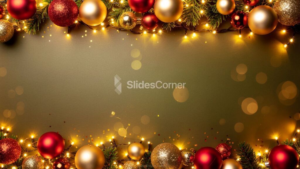 Gold Christmas Background with Frame of Baubles, Lights and Tree Branches