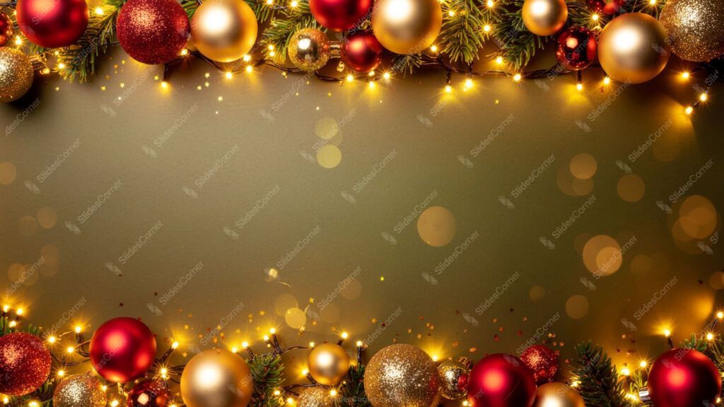 Gold Christmas Background with Frame of Baubles, Lights and Tree Branches Gold Christmas Background with Frame of Baubles, Lights and Tree Branches
