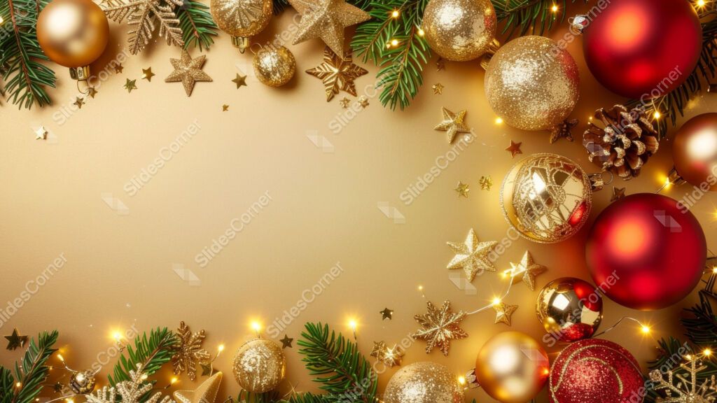 Gold Christmas Background with Frame of Lights and Red and Gold Ornaments Gold Christmas Background with Frame of Lights and Red and Gold Ornaments