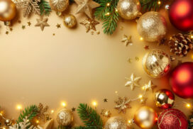 Gold Christmas Background with Frame of Lights and Red and Gold Ornaments