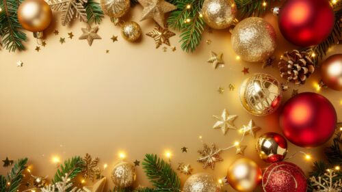 Gold Christmas Background with Frame of Lights and Red and Gold Ornaments by SlidesCorner.com