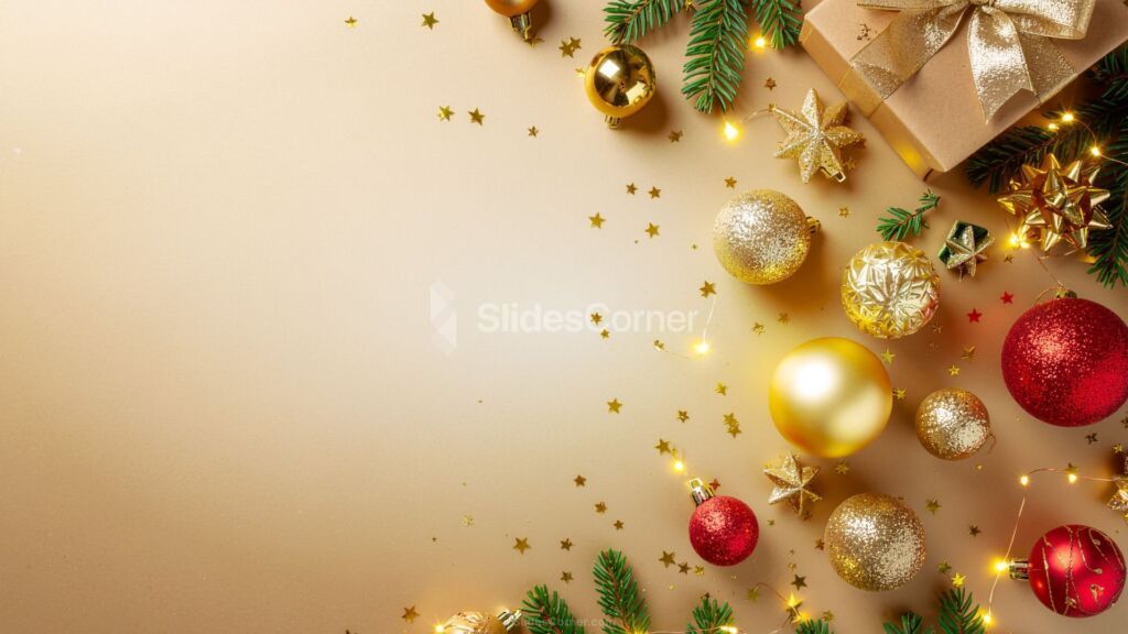 Gold Christmas Background with Gifts, Stars, and Red and Gold Ornaments