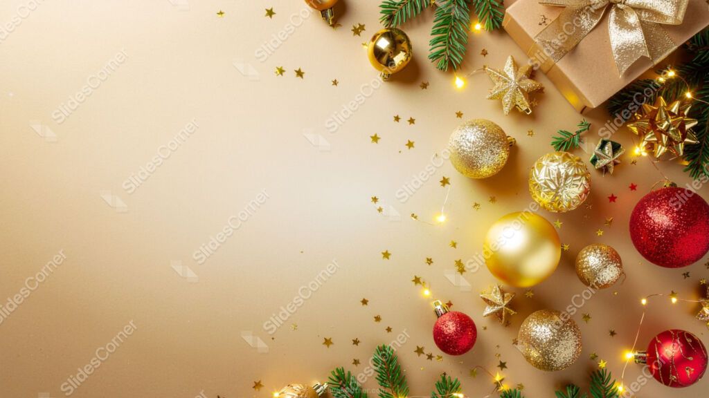 Gold Christmas Background with Gifts, Stars, and Red and Gold Ornaments Gold Christmas Background with Gifts, Stars, and Red and Gold Ornaments
