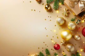 Gold Christmas Background with Gifts, Stars, and Red and Gold Ornaments