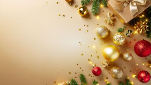 Gold Christmas Background with Gifts, Stars, and Red and Gold Ornaments by SlidesCorner.com