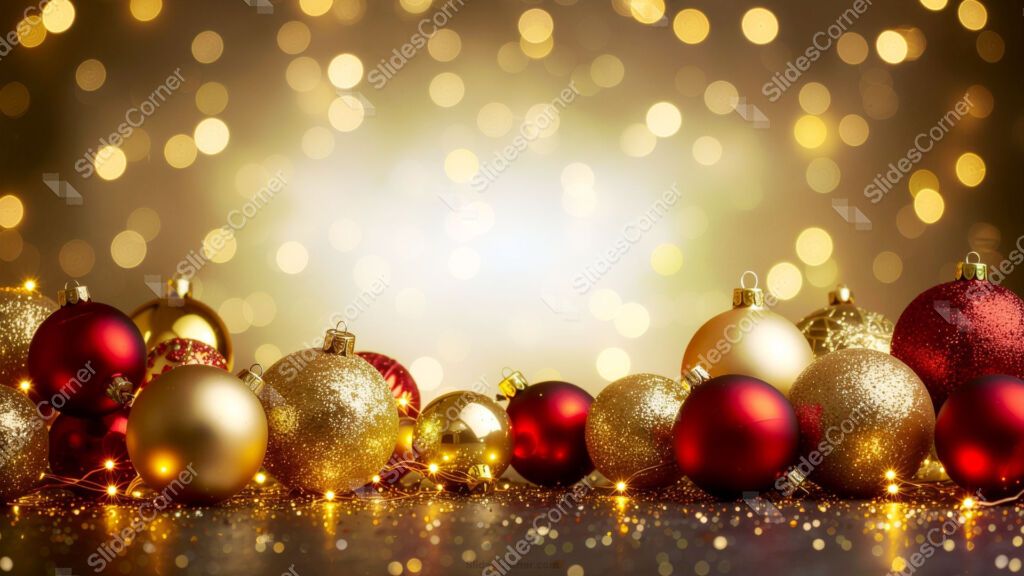 Golden Christmas Background with Bokeh Lights and Red and Gold Decorations Golden Christmas Background with Bokeh Lights and Red and Gold Decorations