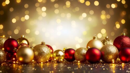 Golden Christmas background with bokeh lights and red and gold decorations by SlidesCorner.com