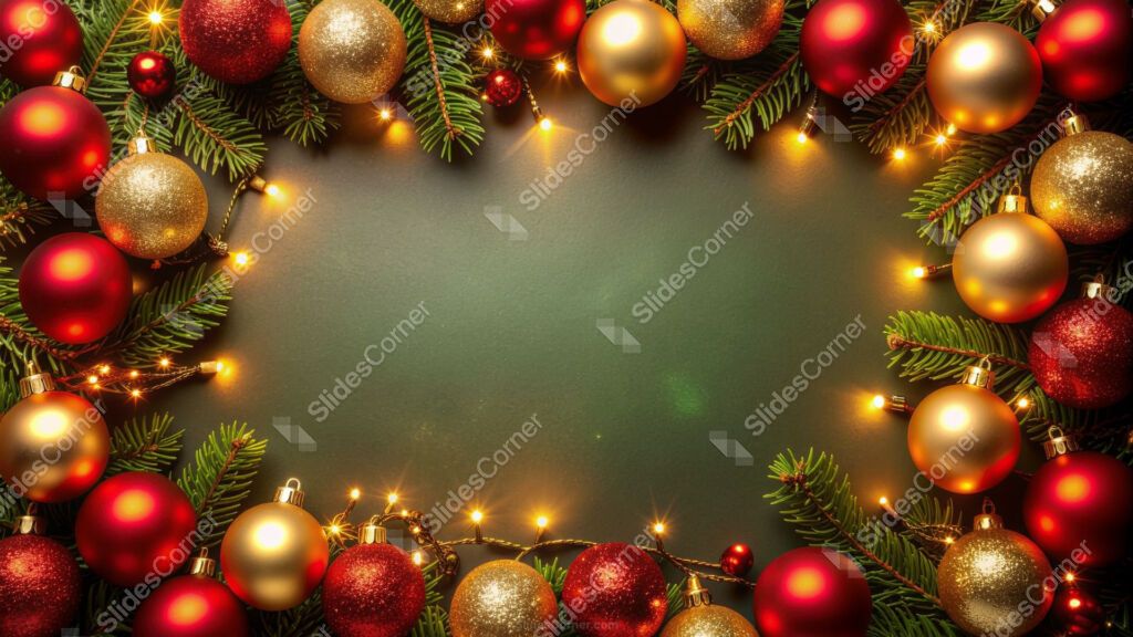 Green Christmas Background with Border of Baubles, Lights and Tree Branches Green Christmas Background with Border of Baubles, Lights and Tree Branches
