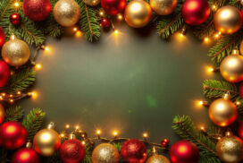 Green Christmas Background with Border of Baubles, Lights and Tree Branches