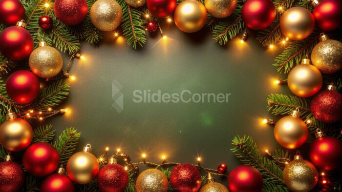 Green Christmas Background with Border of Baubles, Lights and Tree Branches