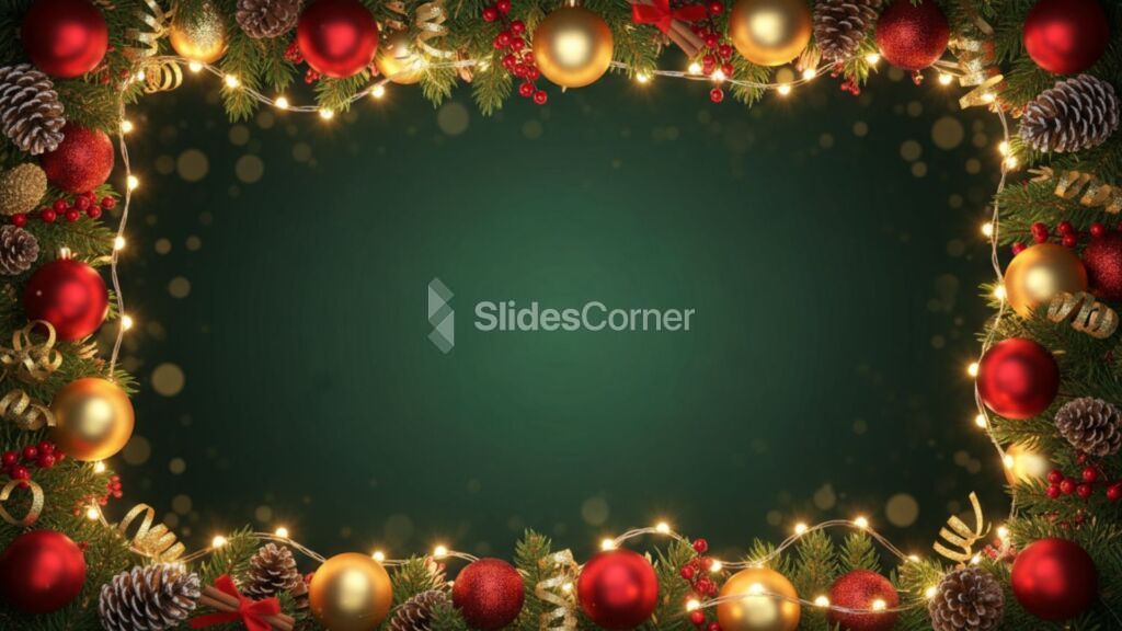Green Christmas Background with Lights and Red Christmas Decorations