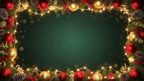 Green Christmas Background with Lights and Red Christmas Decorations by SlidesCorner.com