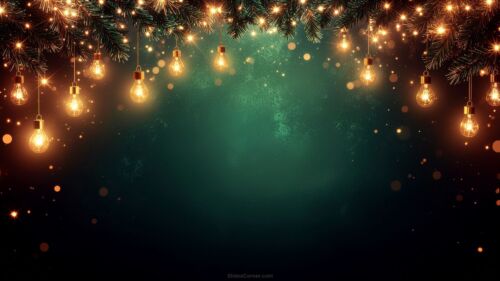 Green Holiday PPT Background with Lights and Christmas Tree Branches