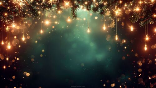 Holiday PowerPoint Background Green with Golden Lights and Tree Branches