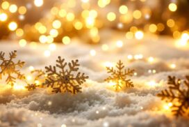 Holiday PowerPoint Background with Snow, Golden Flakes, and Bokeh Light Sparkles