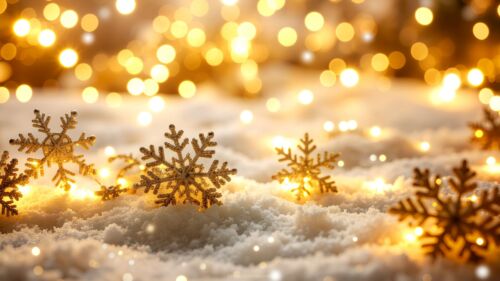 Holiday PowerPoint Background with Snow, Golden Flakes, and Bokeh Light Sparkles by SlidesCorner.com