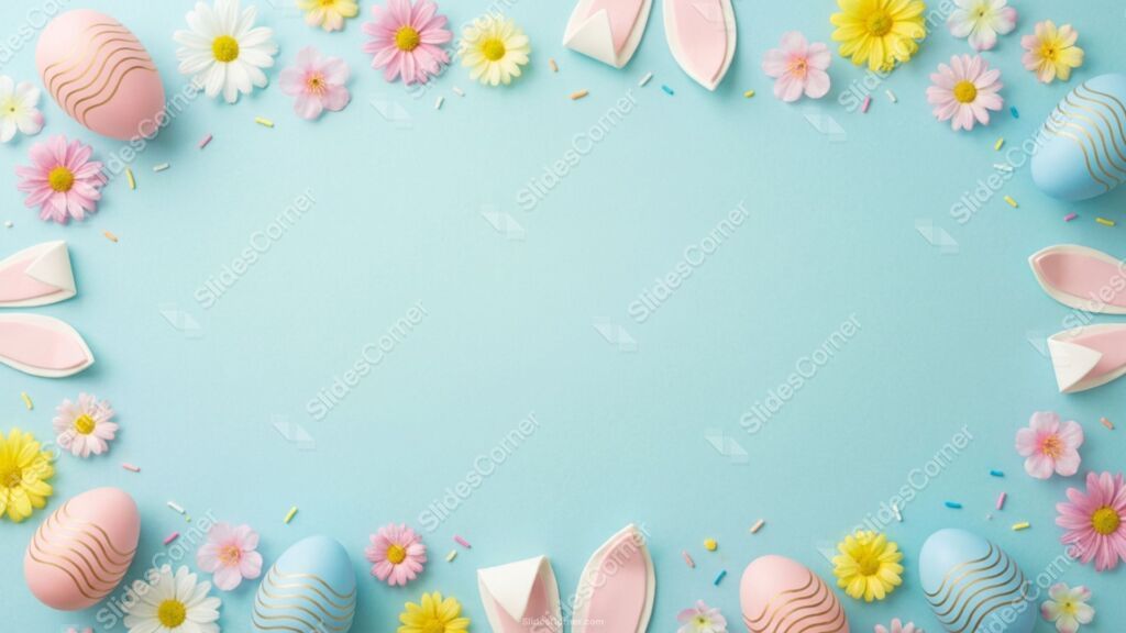 Light Blue Easter Background for PowerPoint with Flowers, Bunny Ears and Eggs Light Blue Easter Background for PowerPoint with Flowers, Bunny Ears and Eggs