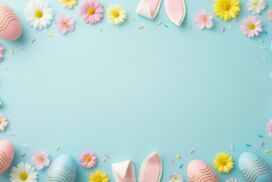 Light Blue Easter Background for PowerPoint with Flowers, Bunny Ears and Eggs