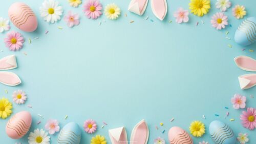 Light Blue Easter Background for PowerPoint with Flowers, Bunny Ears and Eggs by SlidesCorner.com