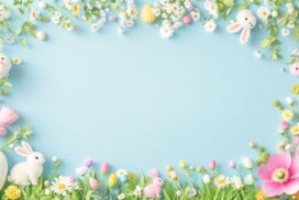 Light Blue Easter PPT Background with Flower and Bunny Frame