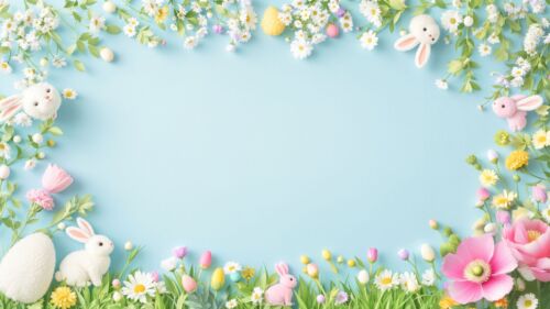 Light Blue Easter PPT Background with Flower and Bunny Frame by SlidesCorner.com