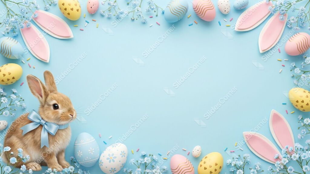 Light Blue Easter PPT Background with a Fluffy Bunny, Flowers and Eggs Light Blue Easter PPT Background with a Fluffy Bunny, Flowers and Eggs