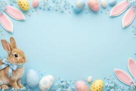 Light Blue Easter PPT Background with a Fluffy Bunny, Flowers and Eggs