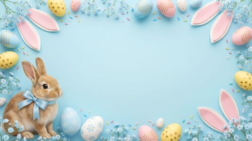 Light Blue Easter PPT Background with a Fluffy Bunny, Flowers and Eggs Light Blue Easter PPT Background with a Fluffy Bunny, Flowers and Eggs