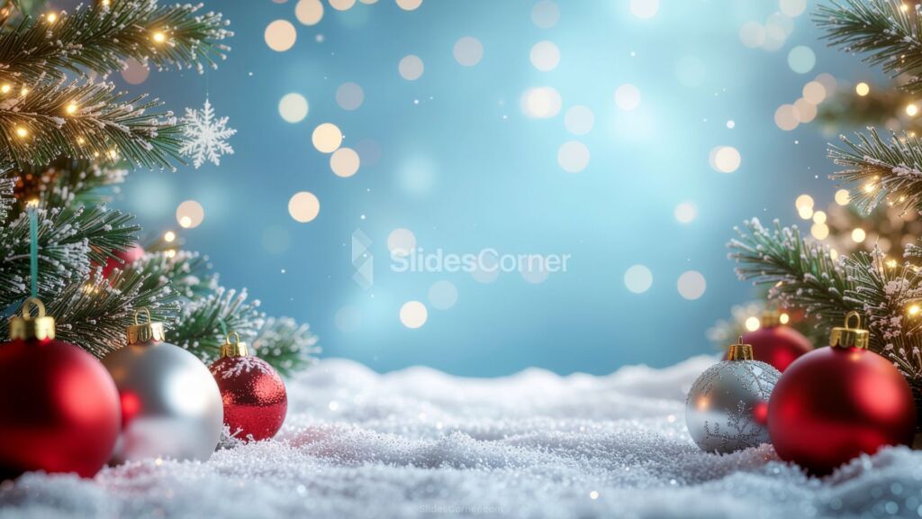 Light Blue Winter Background with Snow and Christmas Decorations