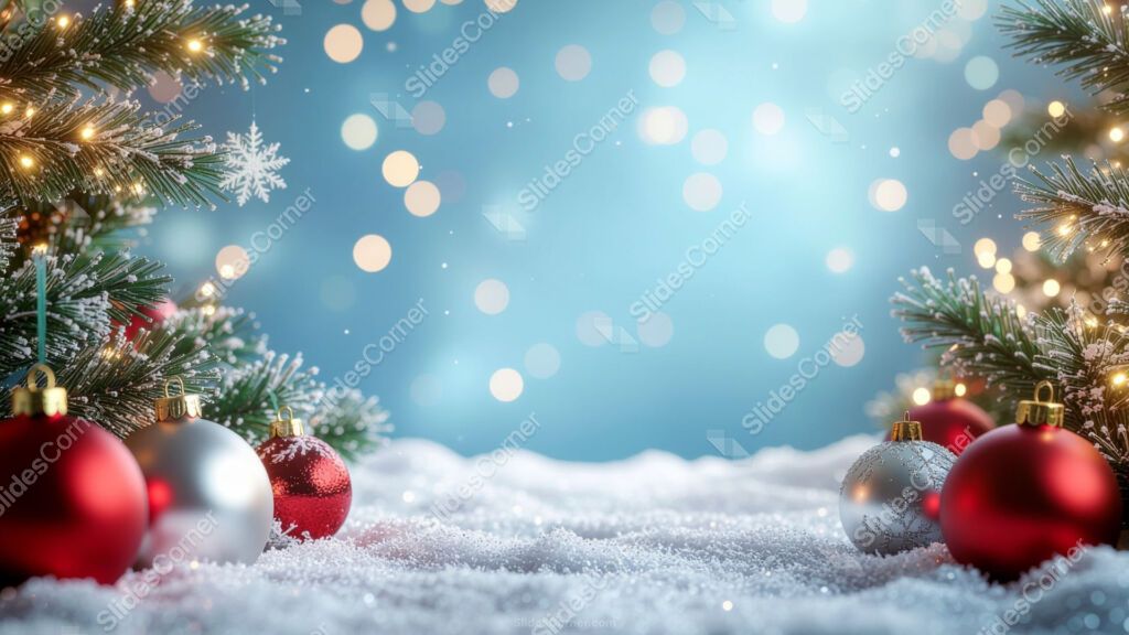 Light Blue Winter Background with Snow and Christmas Decorations Light Blue Winter Background with Snow and Christmas Decorations