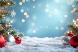 Light Blue Winter Background with Snow and Christmas Decorations