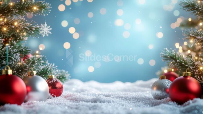 Light Blue Winter Background with Snow and Christmas Decorations Light Blue Winter Background with Snow and Christmas Decorations